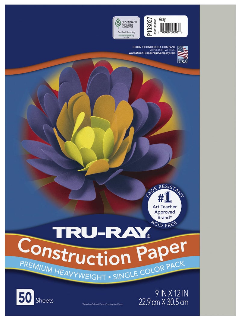 TRU-RAY PACON "Tru-Ray Heavyweight Construction Paper, Gray, 9"" x 12"", 50 Sheets" (PAC103027) - Image 1